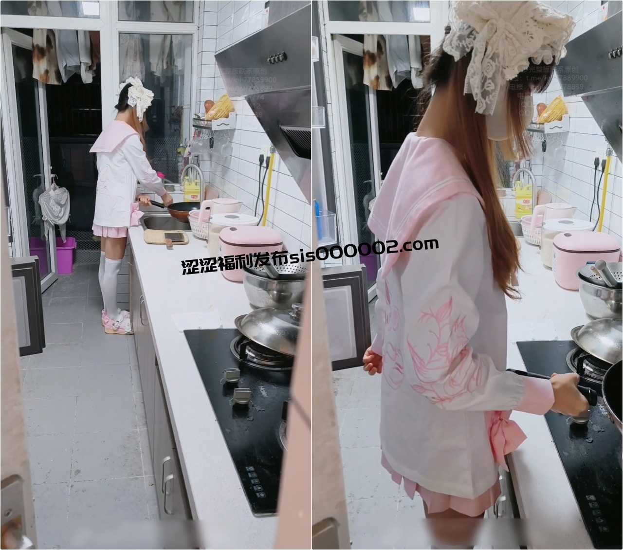 粉粉小厨娘做饭时被爸爸抱腰后入，小白袜玛丽珍鞋 超可爱的LO裙小女仆，又是被主人中出的一天